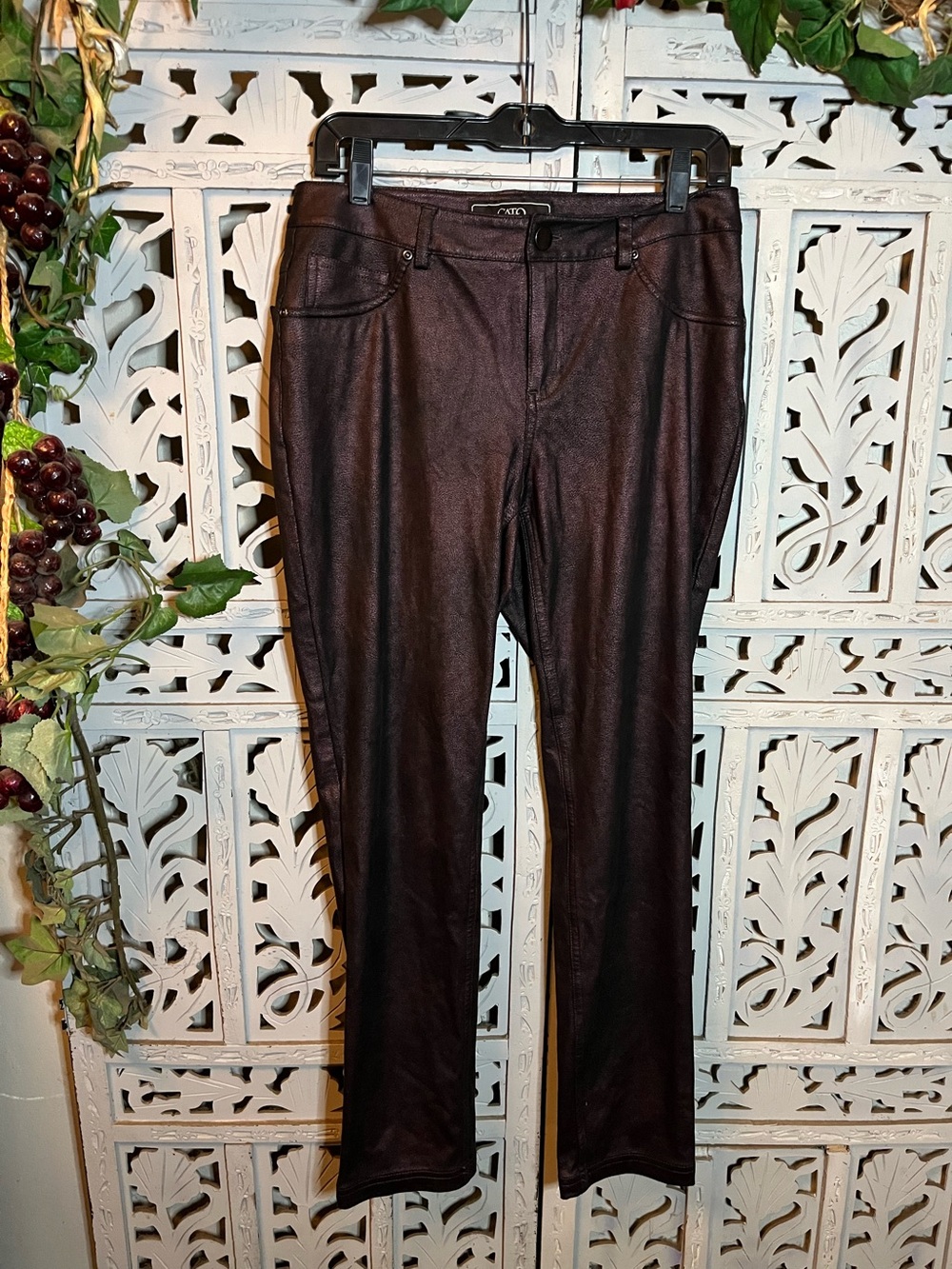 CATO SLICK DARK BROWN/BURGUNDY COATED FAUX LEATHER STRETCHY SKINNY PANTS